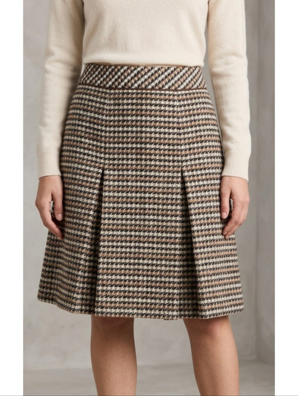 Talbots Wool Blend Houndstooth Pleated Skirt Earth Tones Size 8P
